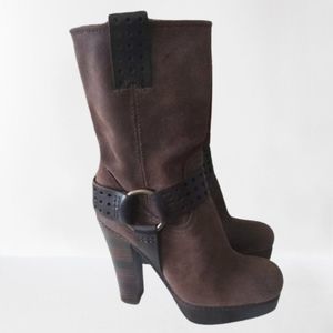 Frye Harmony heel suede leather boots brown harness platform